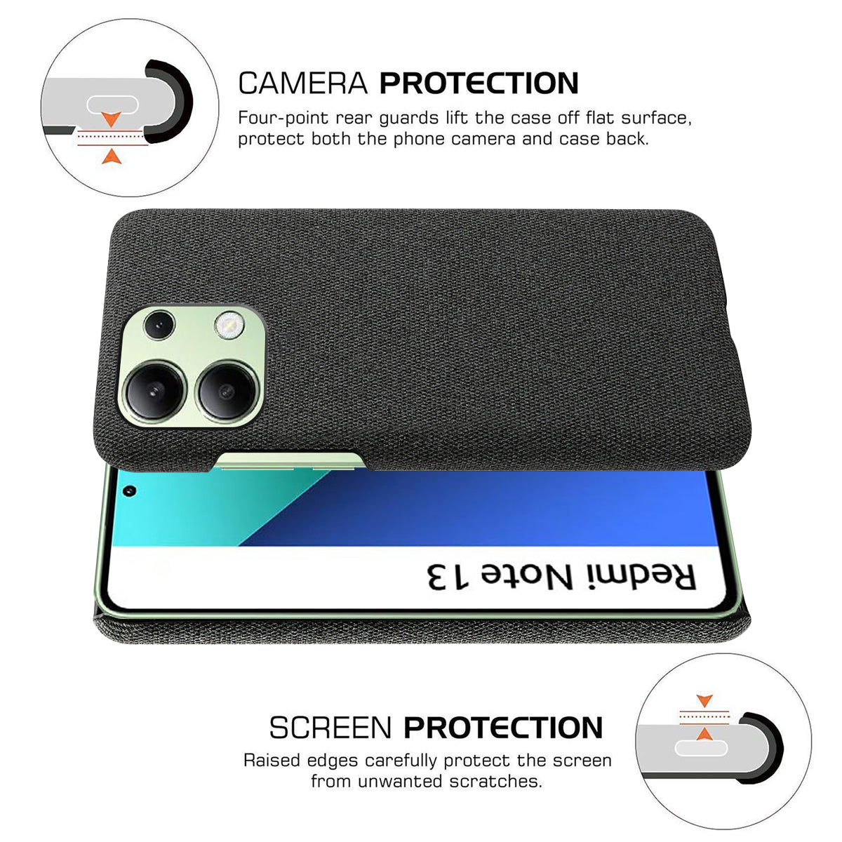 For Xiaomi Redmi Note 13 4G Phone Case Hard PC+Cloth Anti-slip Cover - Black