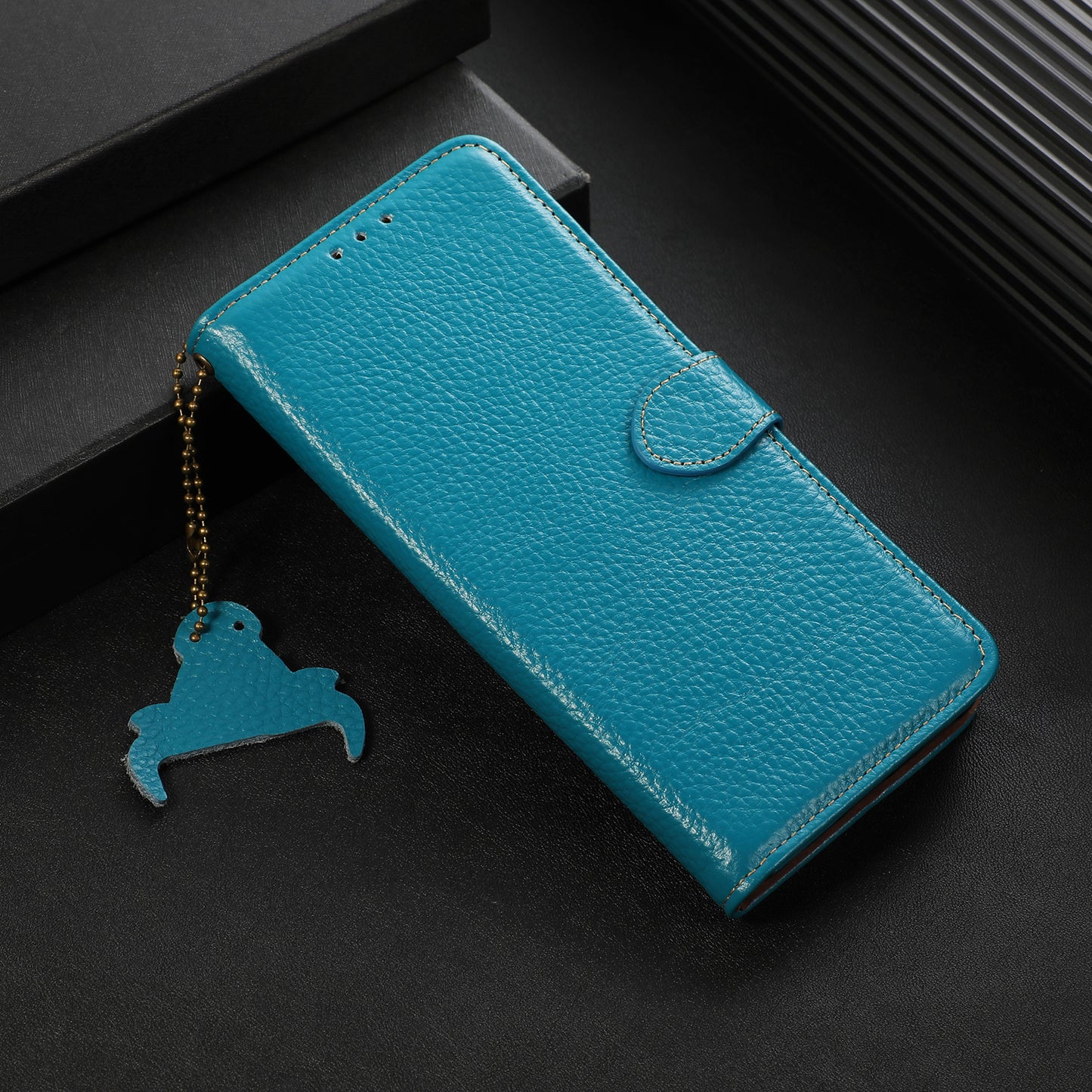 For Xiaomi Redmi Note 13 5G Phone Case RFID Blocking Genuine Cow Leather Flip Cover - Blue