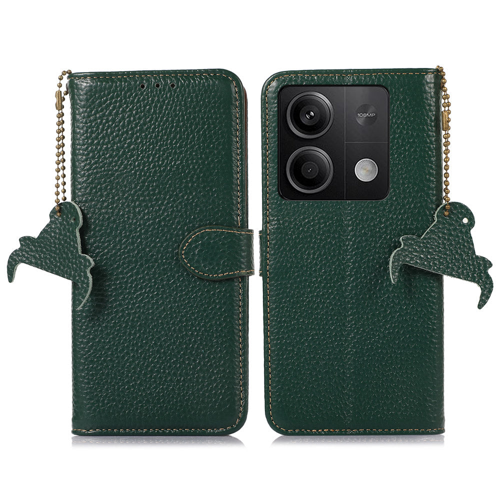 For Xiaomi Redmi Note 13 5G Phone Case RFID Blocking Genuine Cow Leather Flip Cover - Green