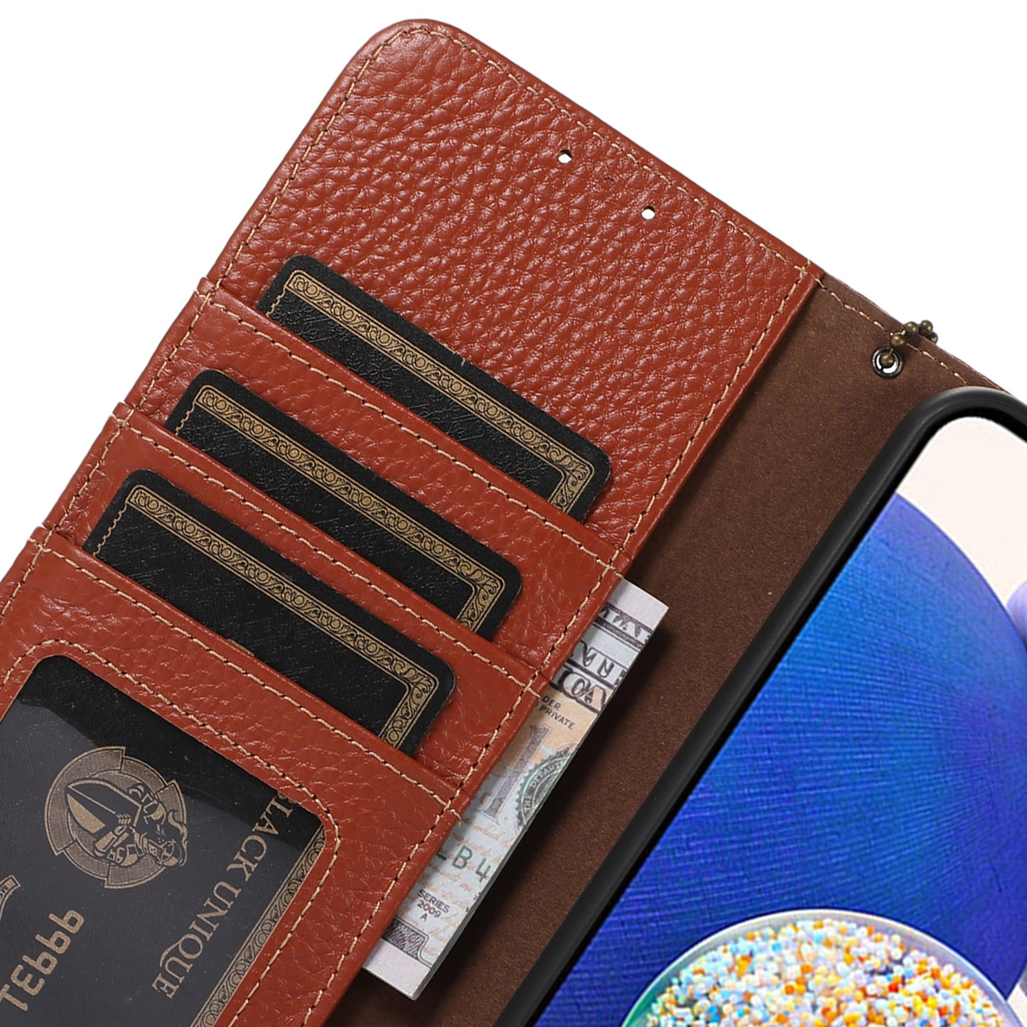 For Xiaomi Redmi Note 13 5G Phone Case RFID Blocking Genuine Cow Leather Flip Cover - Brown