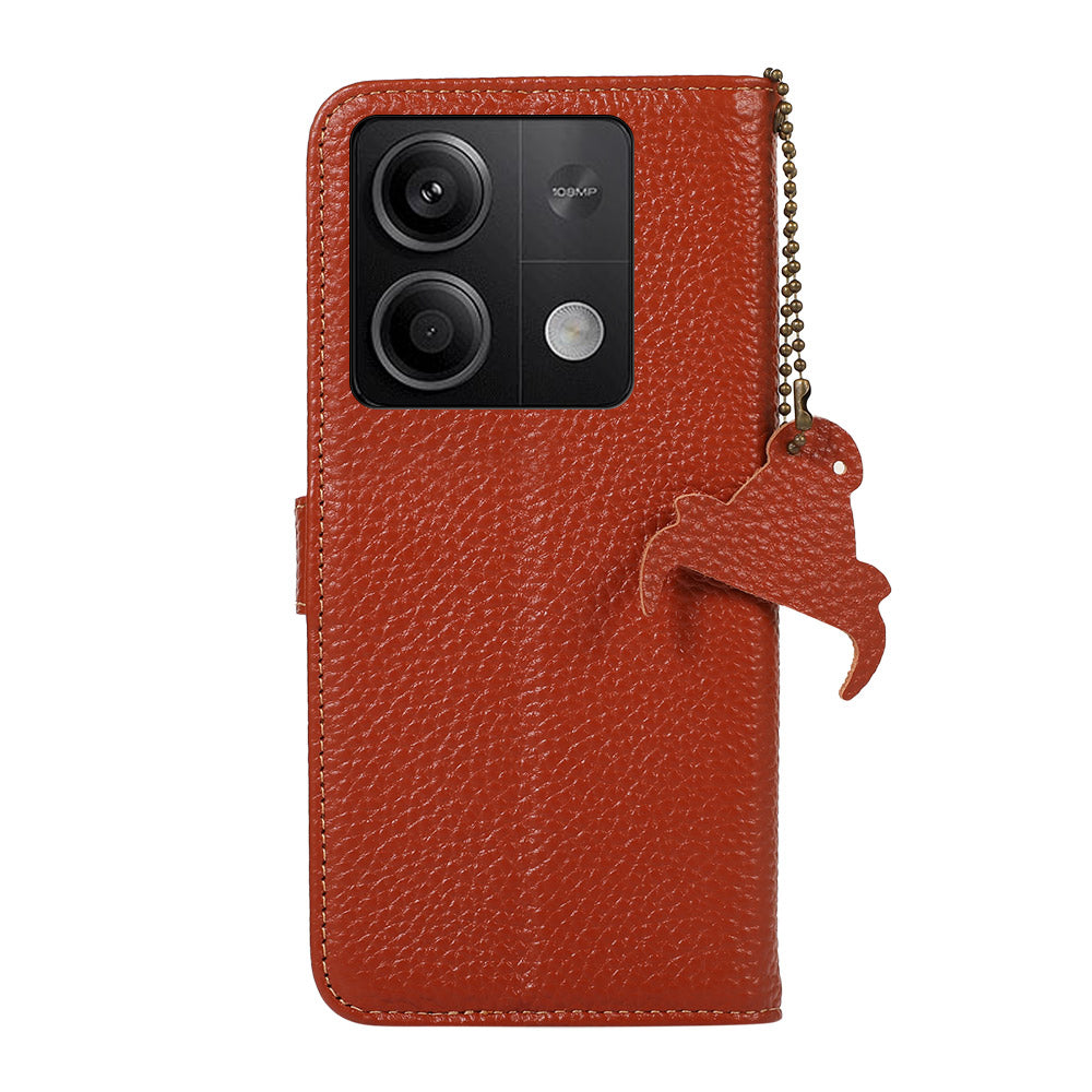 For Xiaomi Redmi Note 13 5G Phone Case RFID Blocking Genuine Cow Leather Flip Cover - Brown