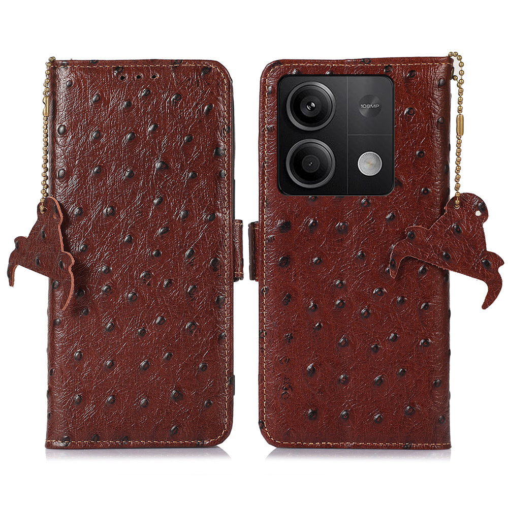 For Xiaomi Redmi Note 13 5G Genuine Cow Leather Case RFID Blocking Phone Cover Ostrich Texture - Coffee