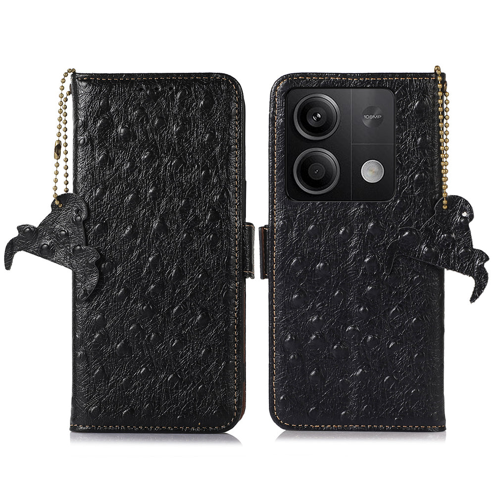 For Xiaomi Redmi Note 13 5G Genuine Cow Leather Case RFID Blocking Phone Cover Ostrich Texture - Black