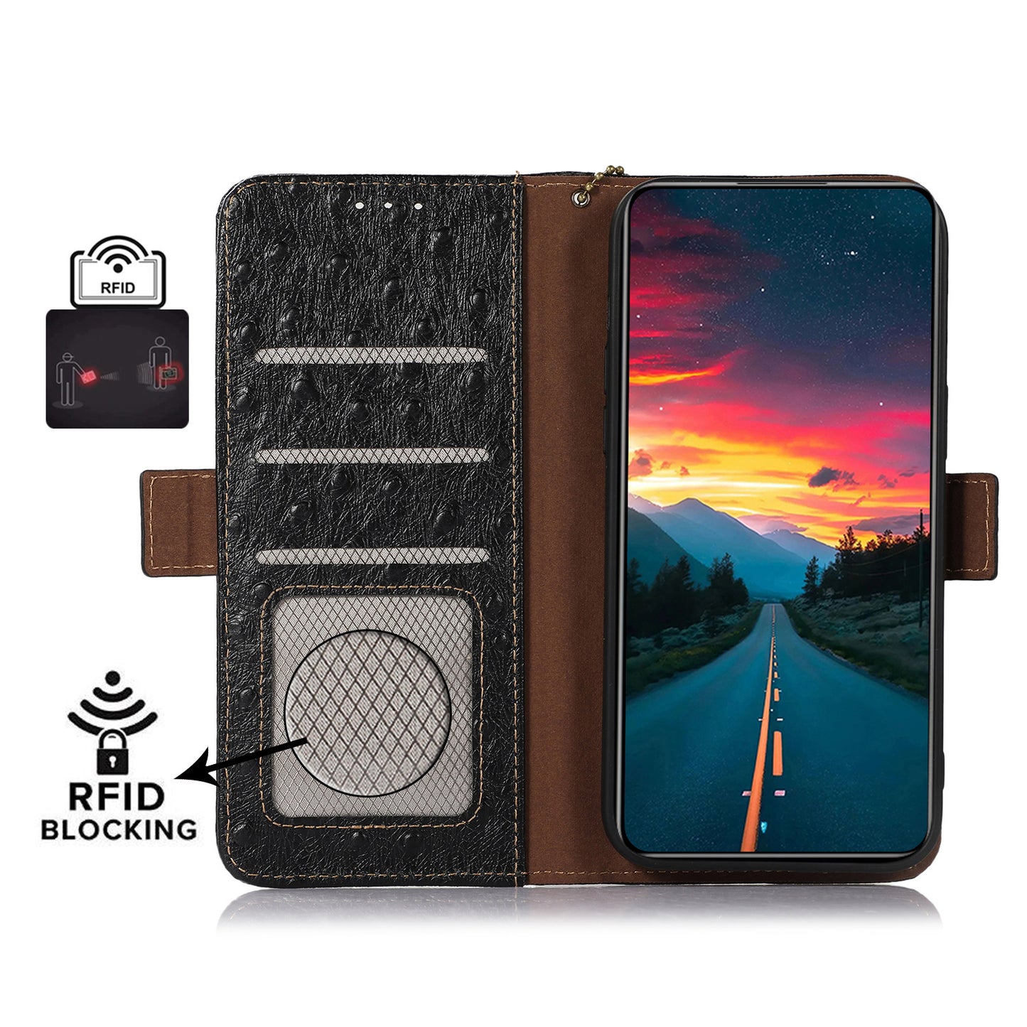 For Xiaomi Redmi Note 13 Pro+ 5G Phone Case Ostrich Texture Genuine Cow Leather Cover - Black