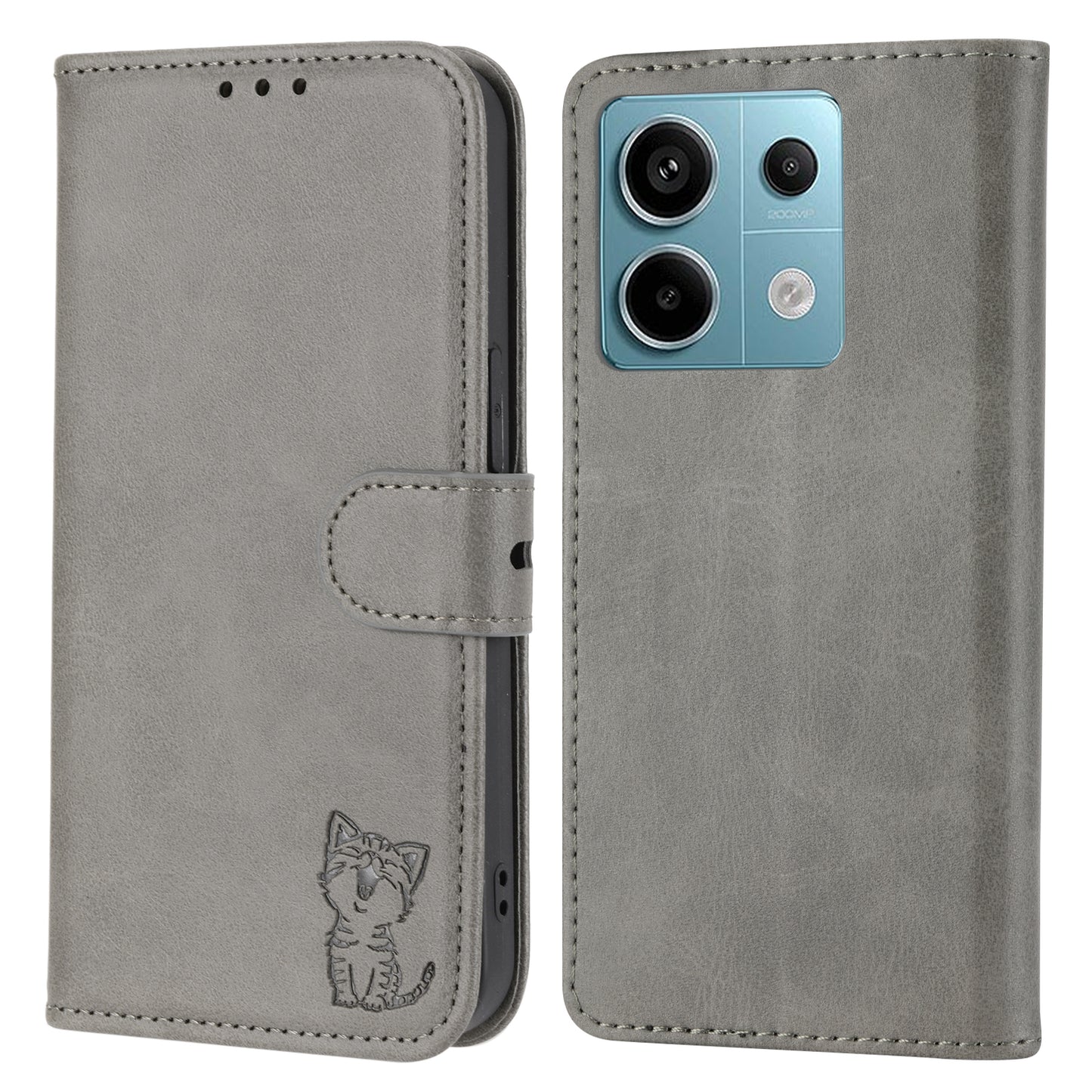 For Xiaomi Redmi Note 13 Pro 5G / Poco X6 5G Leather Case Happy Cat Pattern Folding Stand Phone Cover - Grey