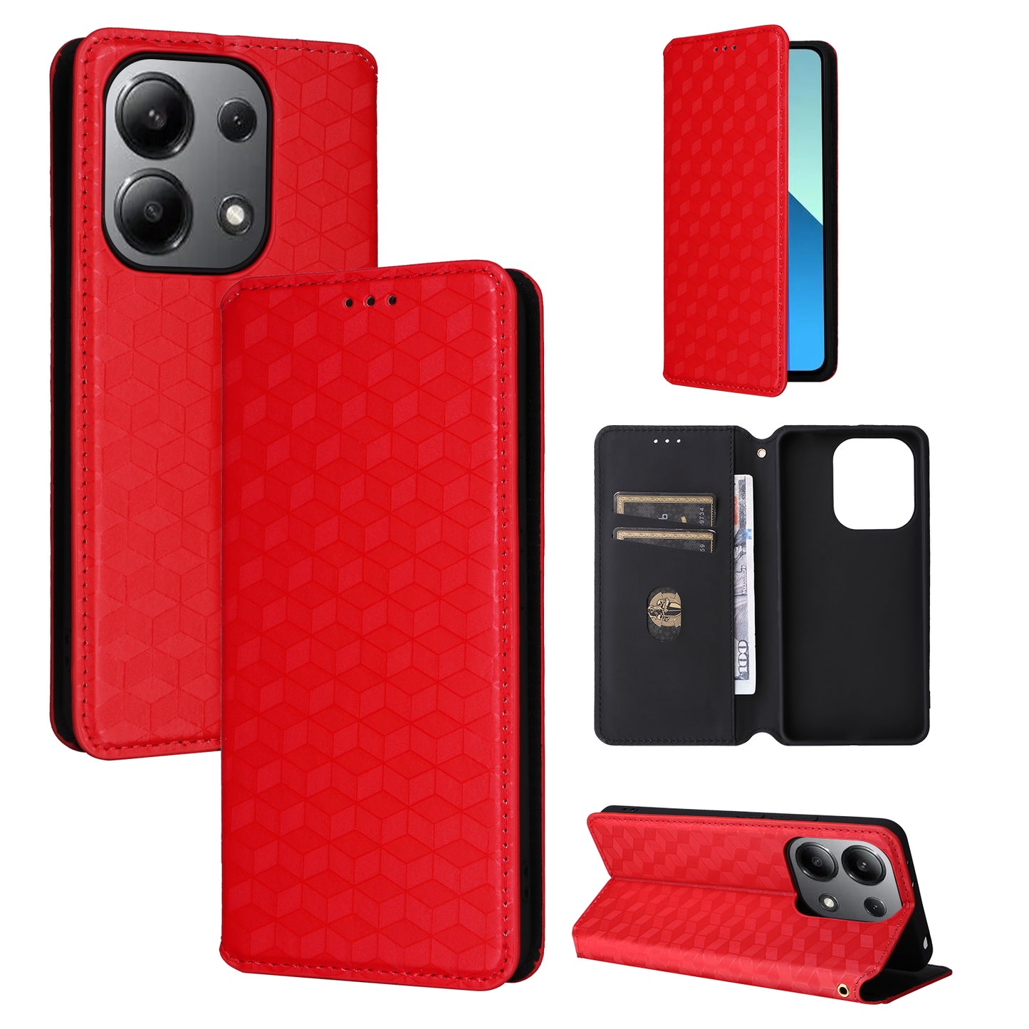 For Xiaomi Redmi Note 13 4G Wallet Case Stand Full Protection Leather Rhombus Phone Cover - Red