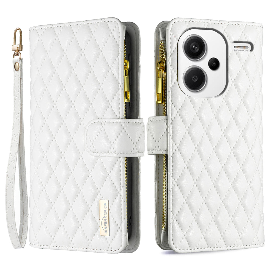 BINFEN COLOR BF Style-15 For Xiaomi Redmi Note 13 Pro+ 5G Case Zipper Magnetic Folio Phone Cover - White