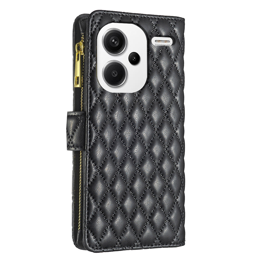 BINFEN COLOR BF Style-15 For Xiaomi Redmi Note 13 Pro+ 5G Case Zipper Magnetic Folio Phone Cover - Black