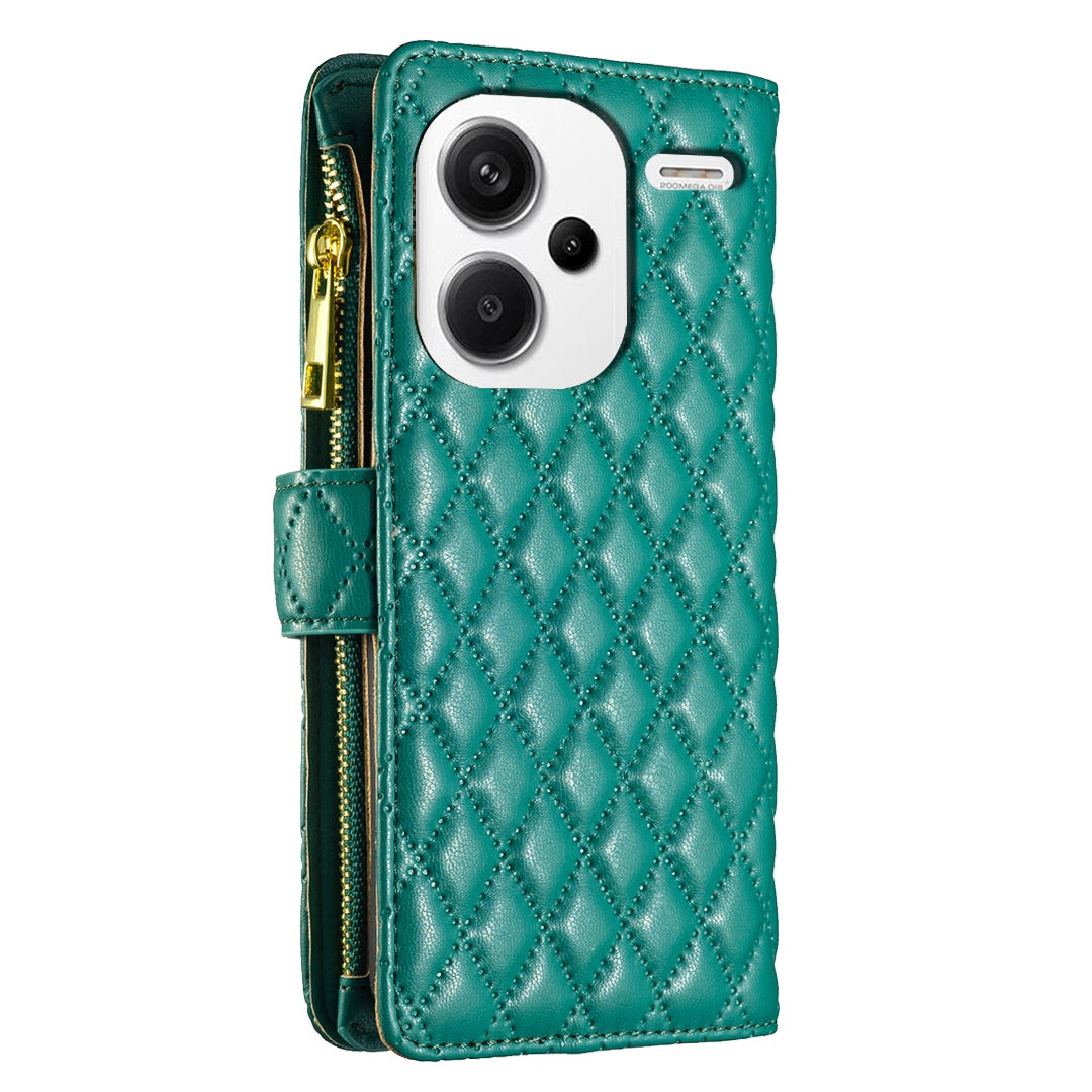 BINFEN COLOR BF Style-15 For Xiaomi Redmi Note 13 Pro+ 5G Case Zipper Magnetic Folio Phone Cover - Green