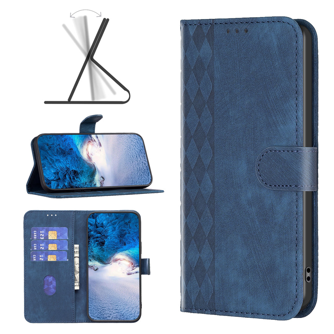 For Xiaomi Redmi Note 13 Pro+ 5G Leather Wallet Case Grid Pattern Shockproof Flip Cover - Blue