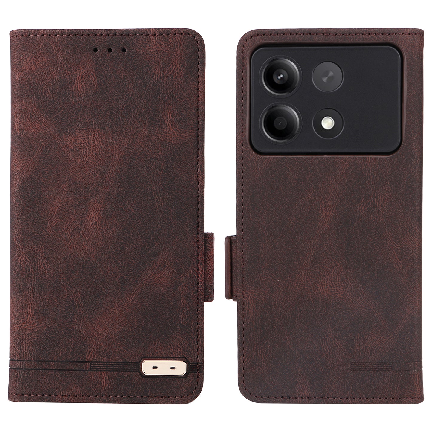 For Xiaomi Redmi Note 13R Pro 5G Wallet Case Hardware Decor Stand Phone Cover - Coffee