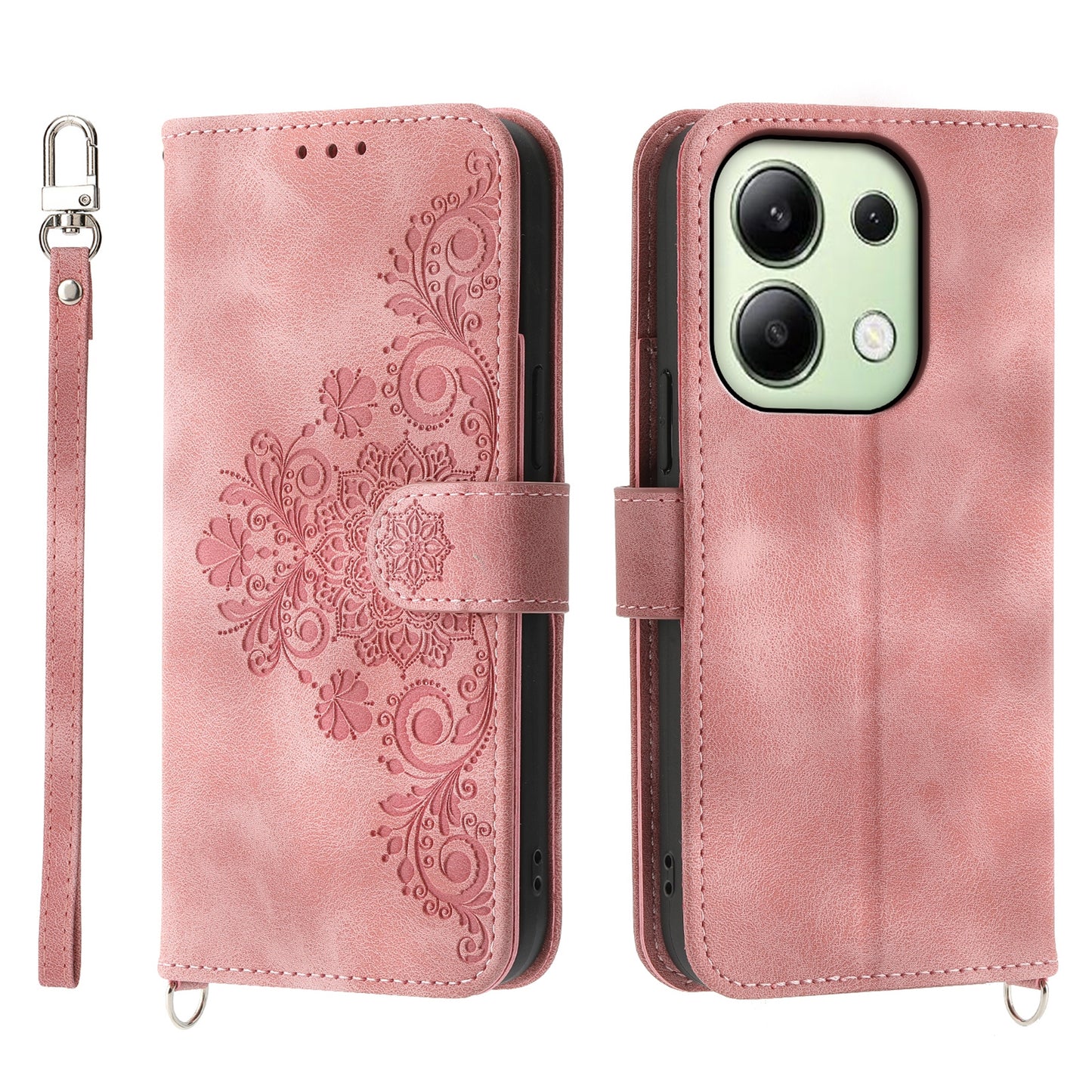 For Xiaomi Redmi Note 13 4G Leather Case Flower Pattern Cover Multiple Card Slots - Pink