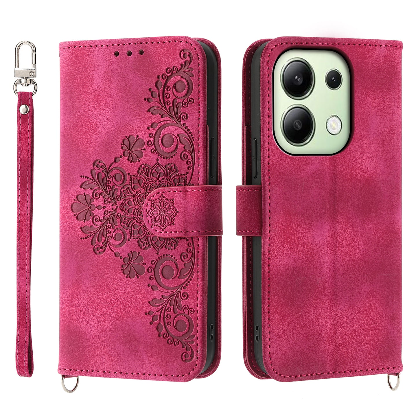 For Xiaomi Redmi Note 13 4G Leather Case Flower Pattern Cover Multiple Card Slots - Wine Red
