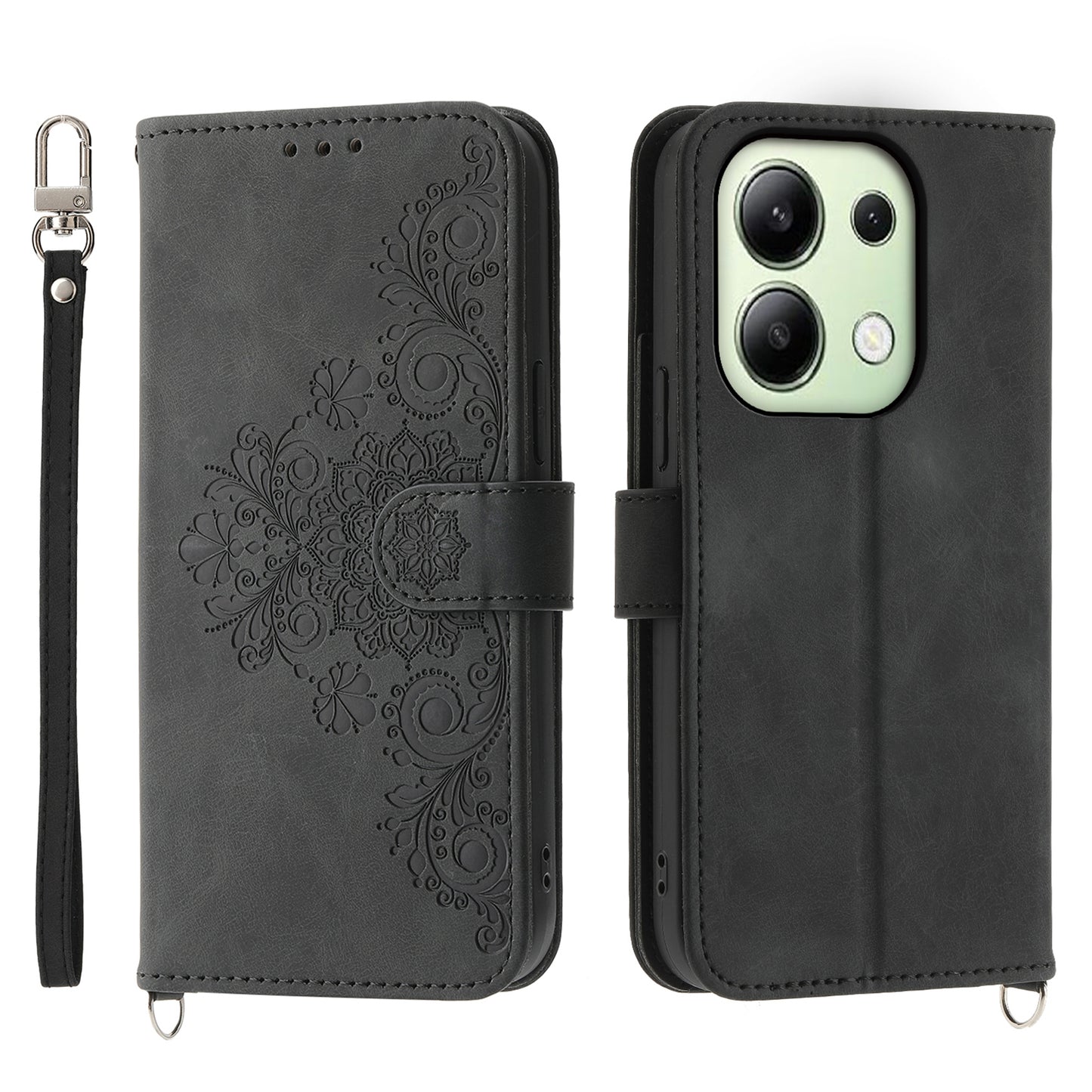For Xiaomi Redmi Note 13 4G Leather Case Flower Pattern Cover Multiple Card Slots - Black