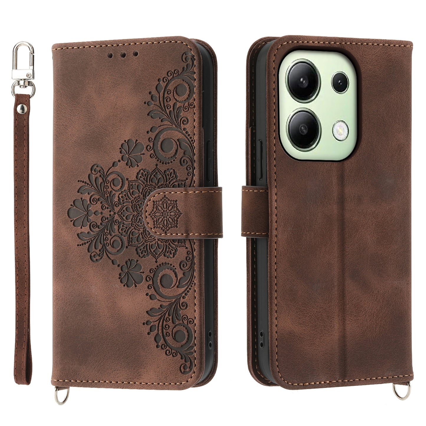 For Xiaomi Redmi Note 13 4G Leather Case Flower Pattern Cover Multiple Card Slots - Brown