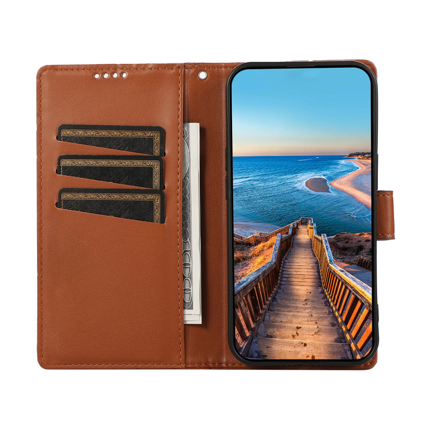DF-06 For Xiaomi Redmi Note 13 4G Leather Case Line Imprinted Folio Cover - Brown