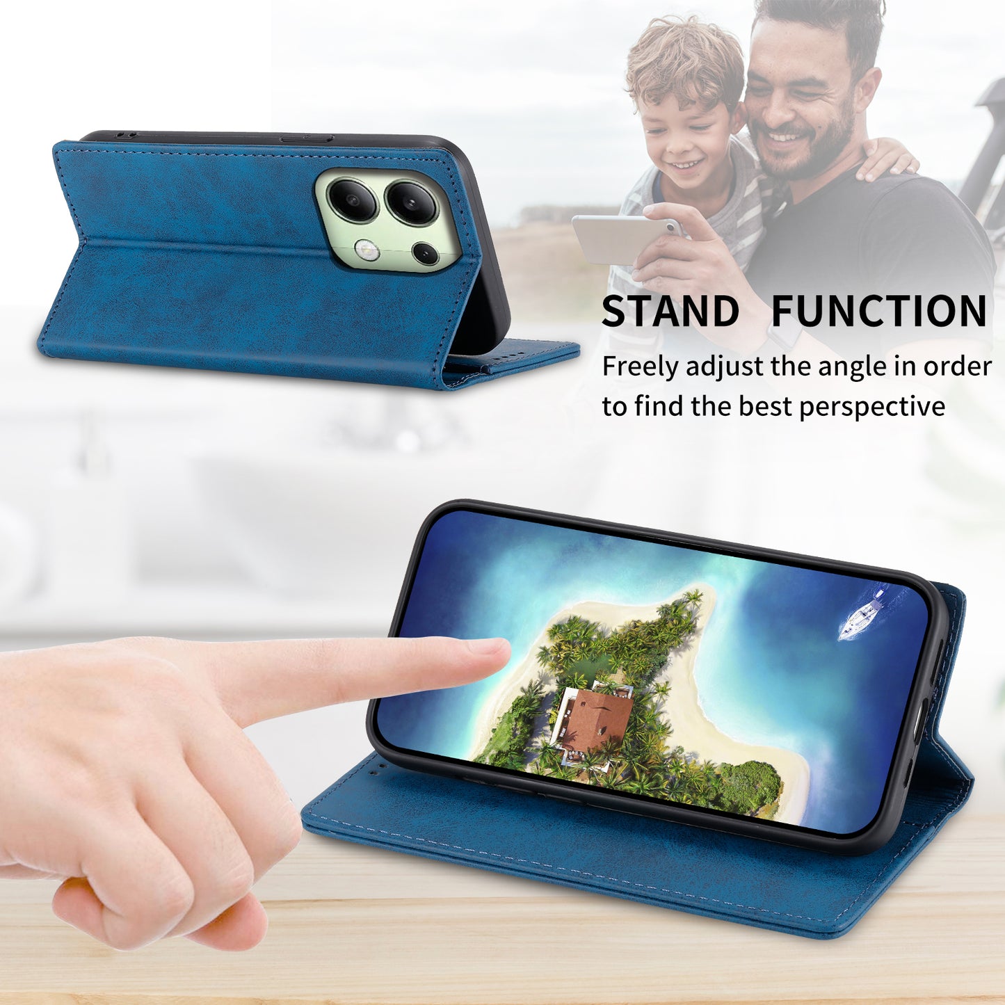 DF-05 For Xiaomi Redmi Note 13 4G Wallet Case Magnetic Auto Colsing Phone Cover - Blue