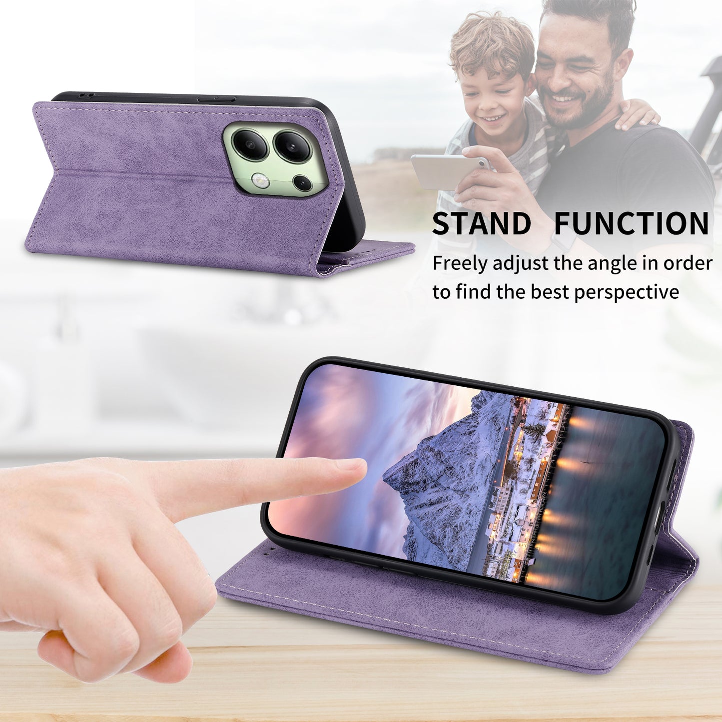 DF-05 For Xiaomi Redmi Note 13 4G Wallet Case Magnetic Auto Colsing Phone Cover - Purple