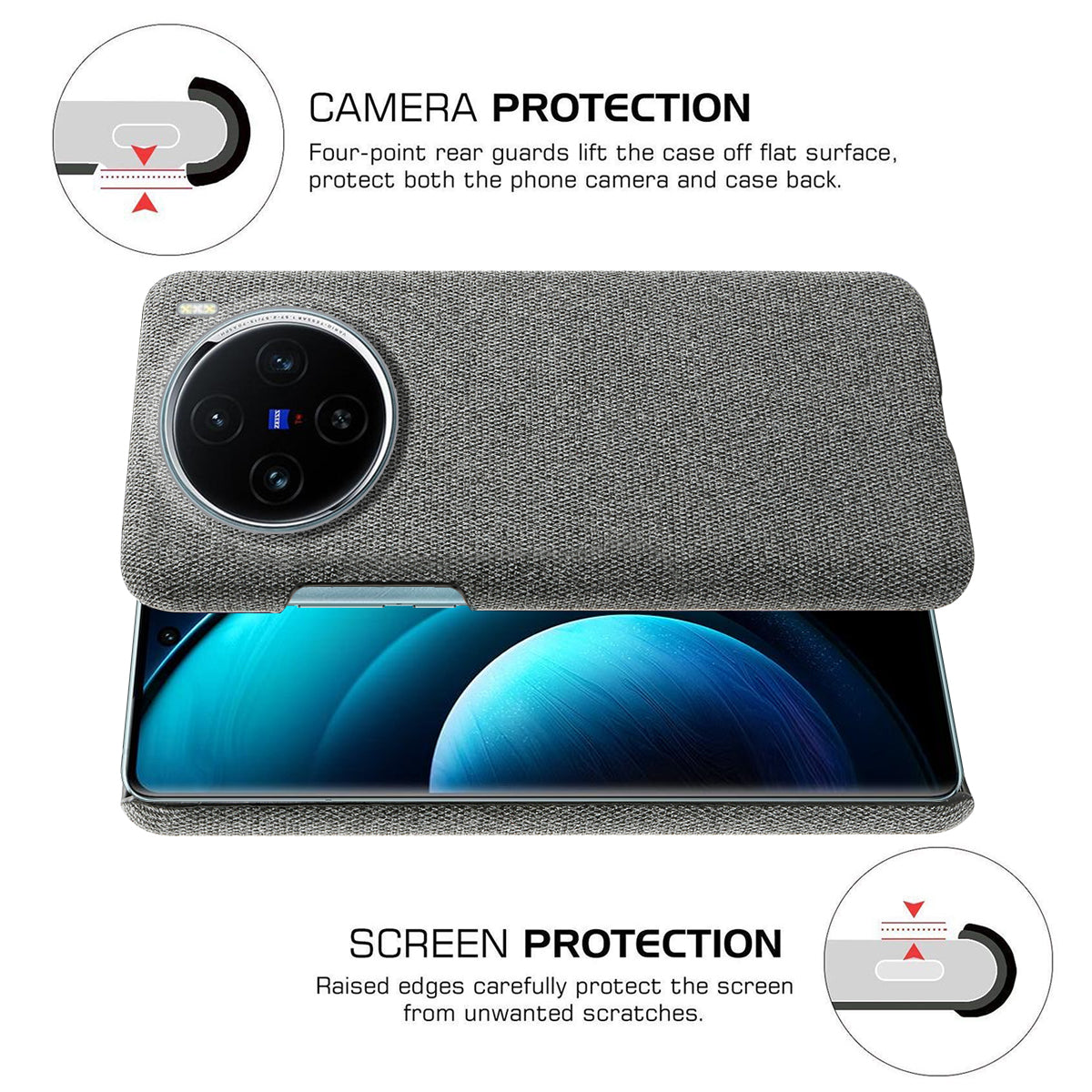 For vivo X100 5G Phone Case Cloth Texture Anti-slip Cover Solid Color - Grey