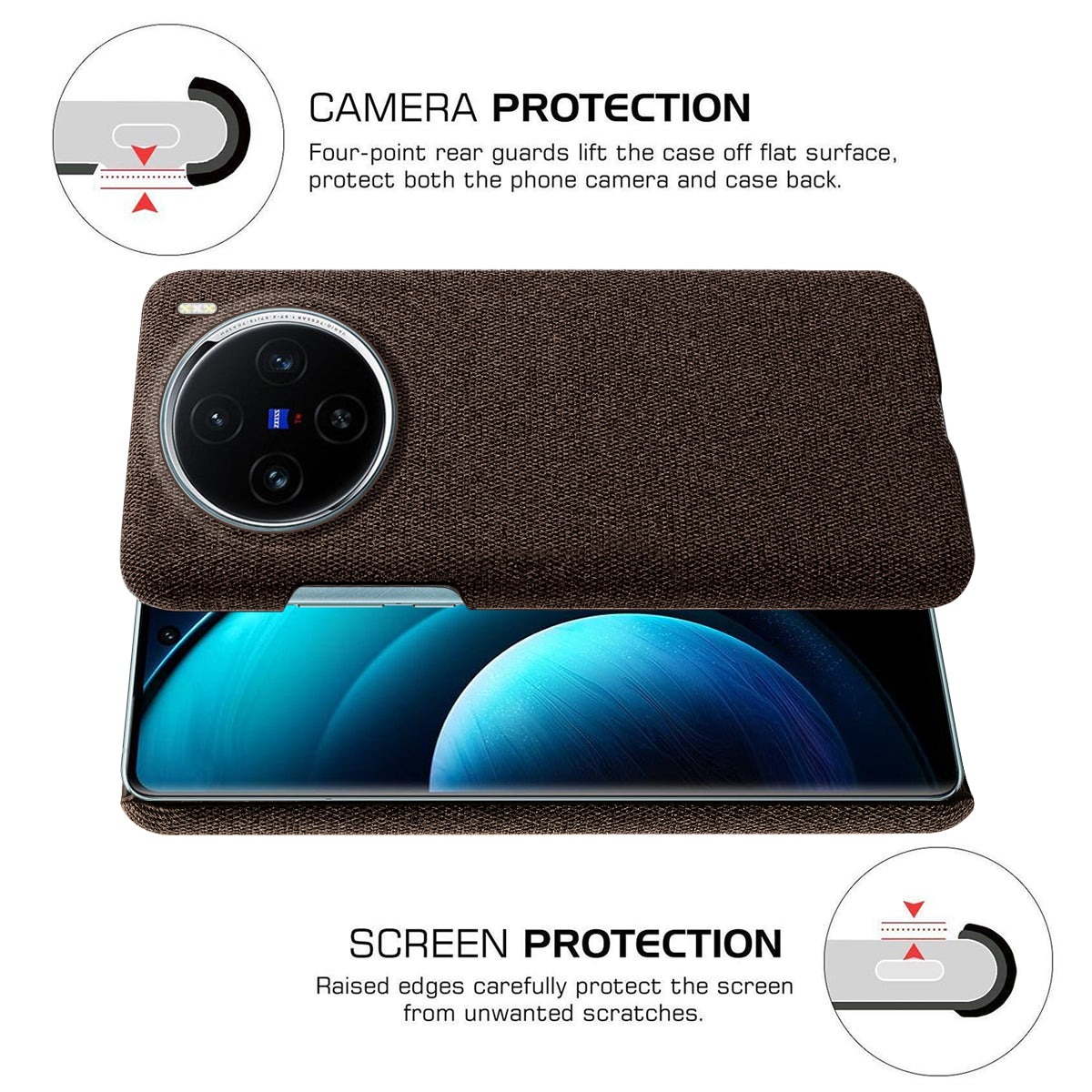 For vivo X100 5G Phone Case Cloth Texture Anti-slip Cover Solid Color - Brown