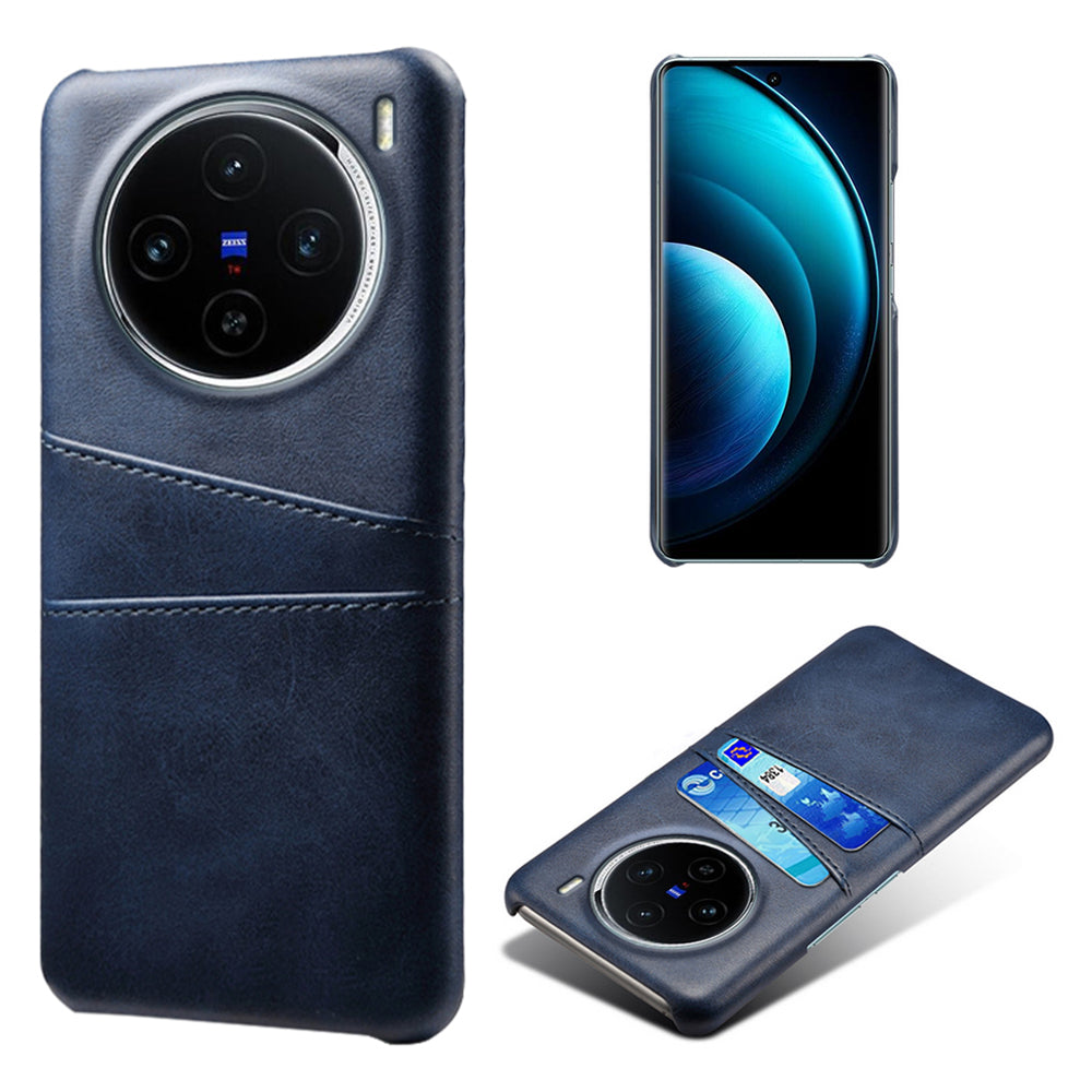 For vivo X100 5G Phone Case Leather Coated PC Cover with Dual Card Holder - Blue