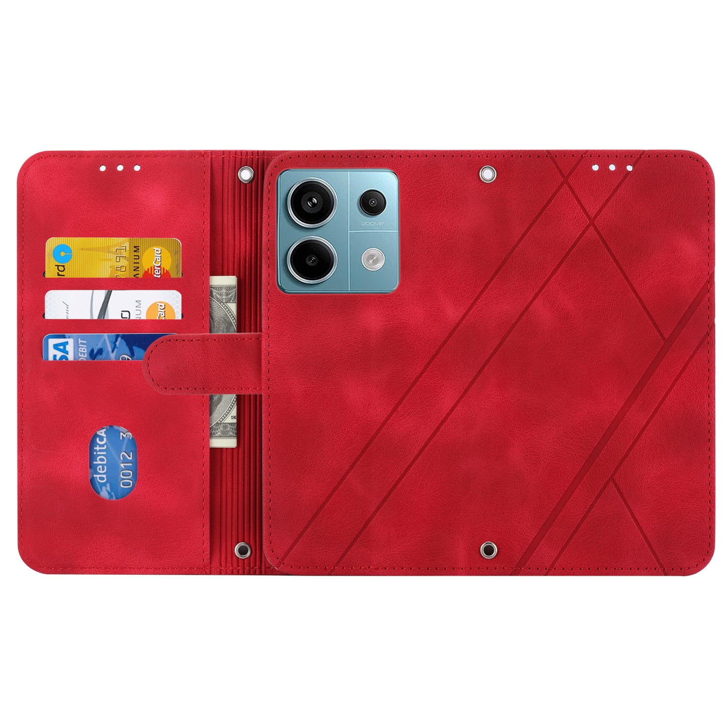 For Xiaomi Redmi Note 13 5G Case with Wrist Strap Imprinted Line Phone Wallet Cover - Red