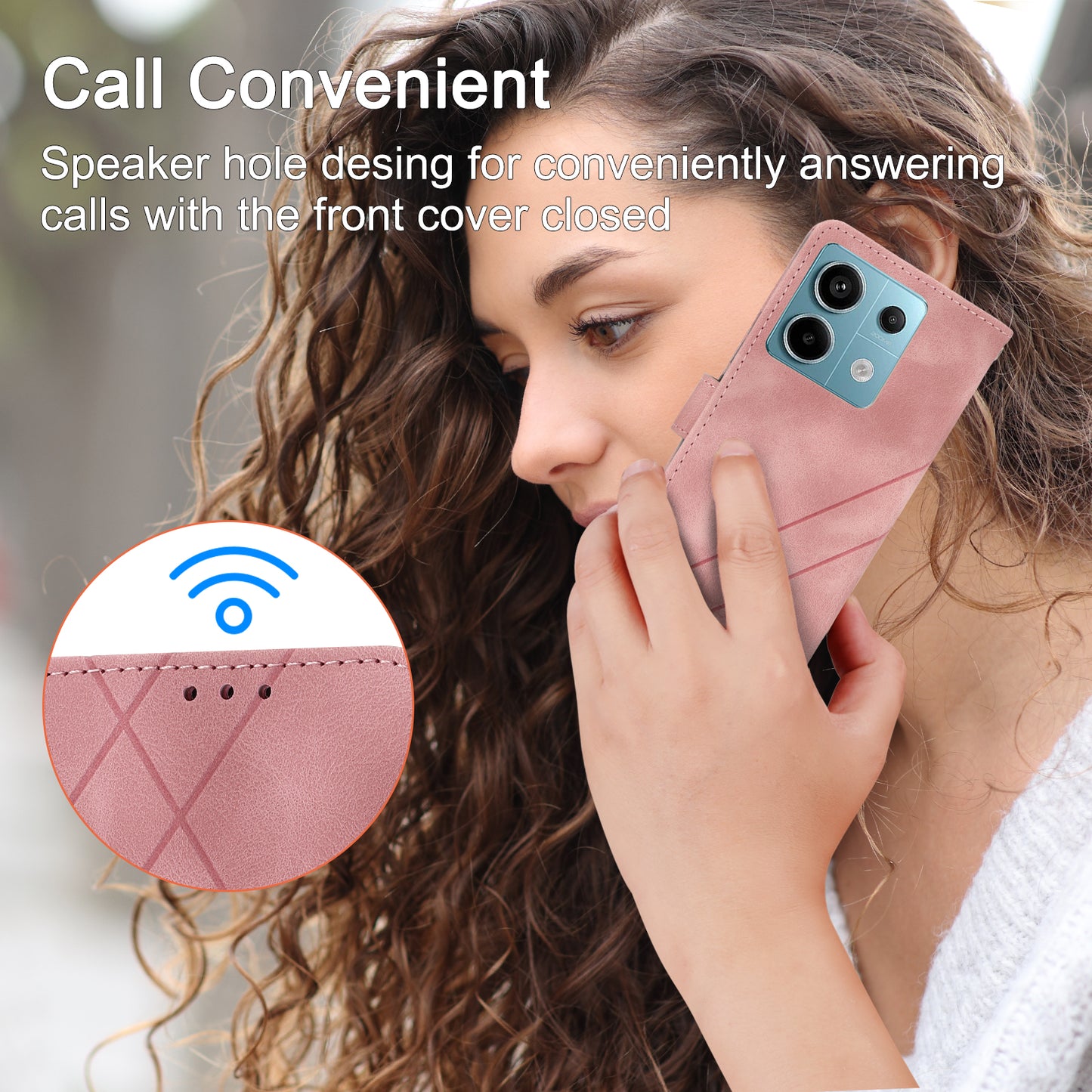 For Xiaomi Redmi Note 13 5G Case with Wrist Strap Imprinted Line Phone Wallet Cover - Pink