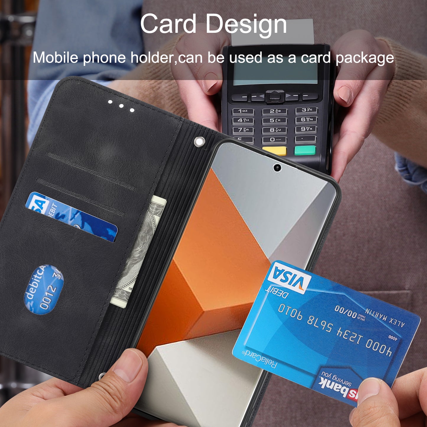 For Xiaomi Redmi Note 13 Pro+ 5G Case Imprinted Line Card Slots Shockproof Phone Cover - Black