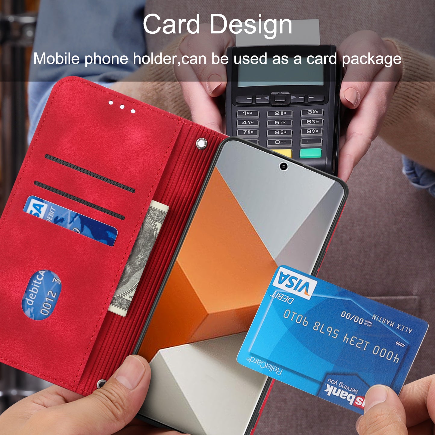 For Xiaomi Redmi Note 13 Pro+ 5G Case Imprinted Line Card Slots Shockproof Phone Cover - Red