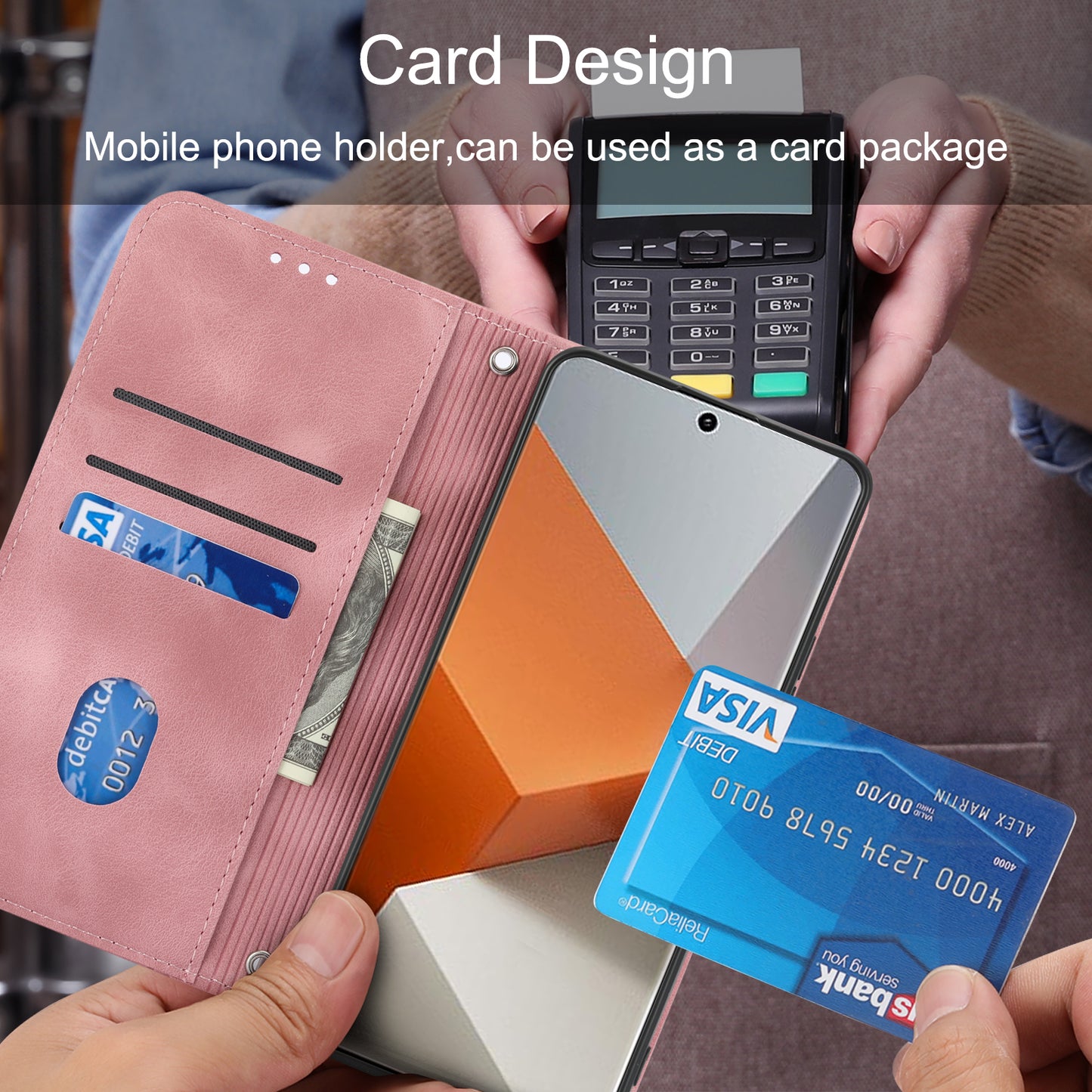 For Xiaomi Redmi Note 13 Pro+ 5G Case Imprinted Line Card Slots Shockproof Phone Cover - Pink