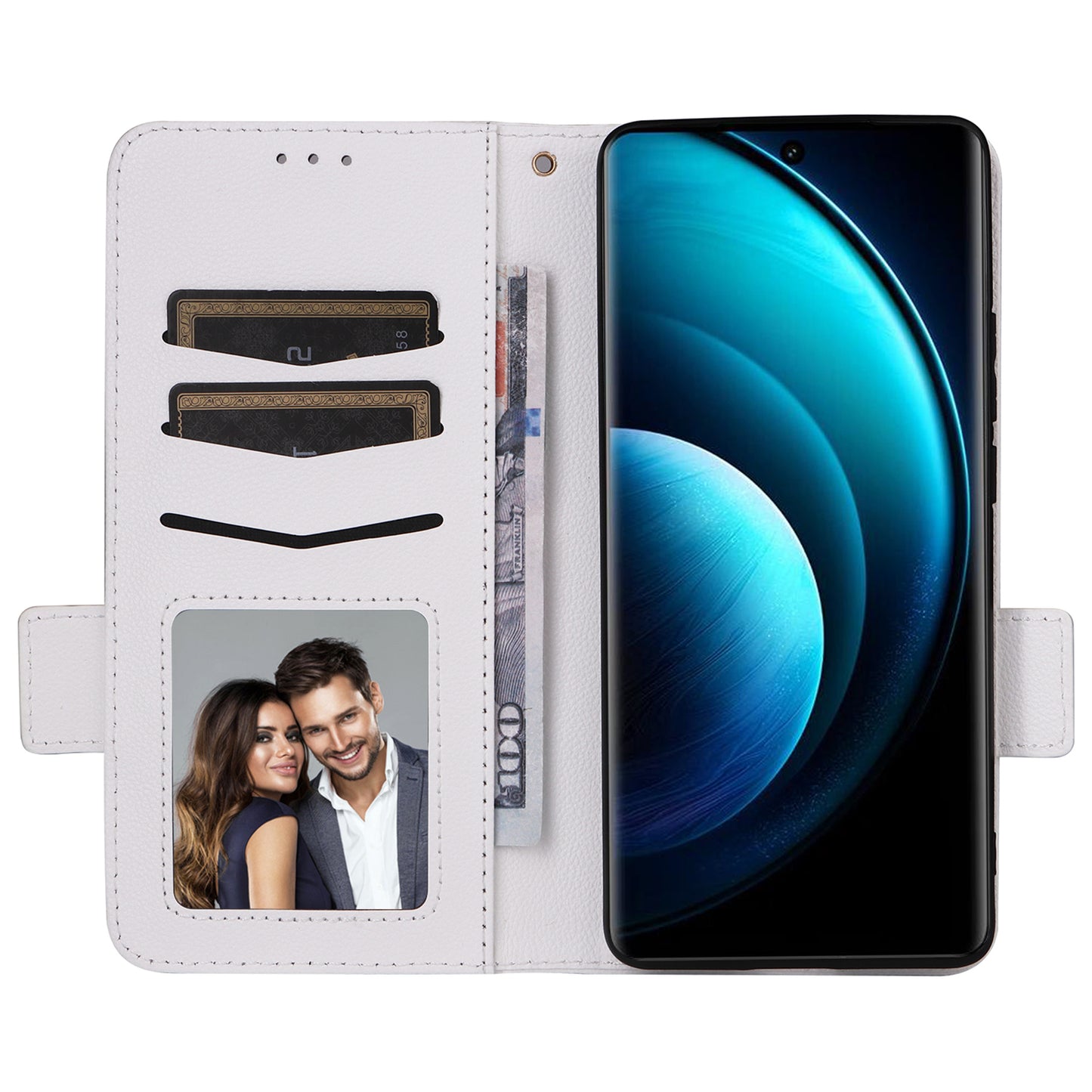 For vivo X100 Pro 5G Case Card Slots Shockproof Phone Cover with Litchi Texture - White