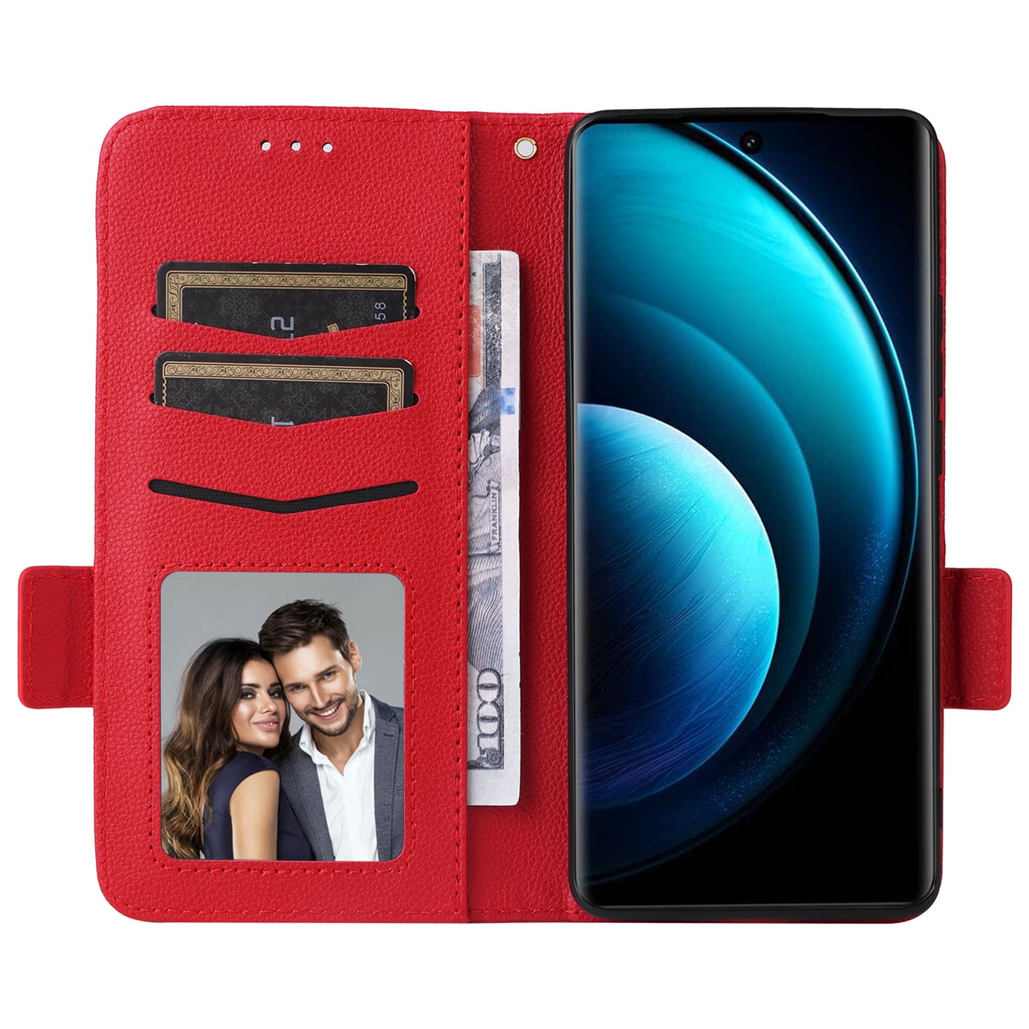 For vivo X100 Pro 5G Case Card Slots Shockproof Phone Cover with Litchi Texture - Red