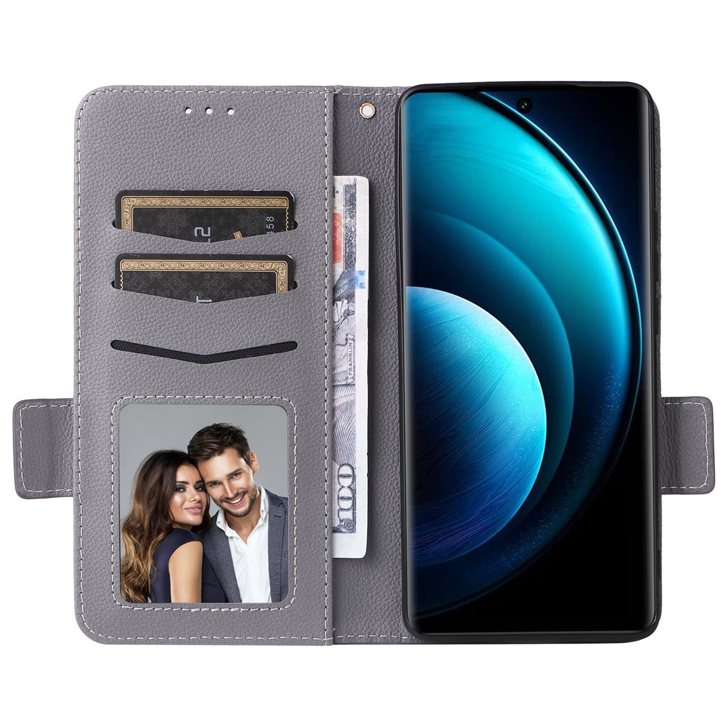 For vivo X100 Pro 5G Case Card Slots Shockproof Phone Cover with Litchi Texture - Grey