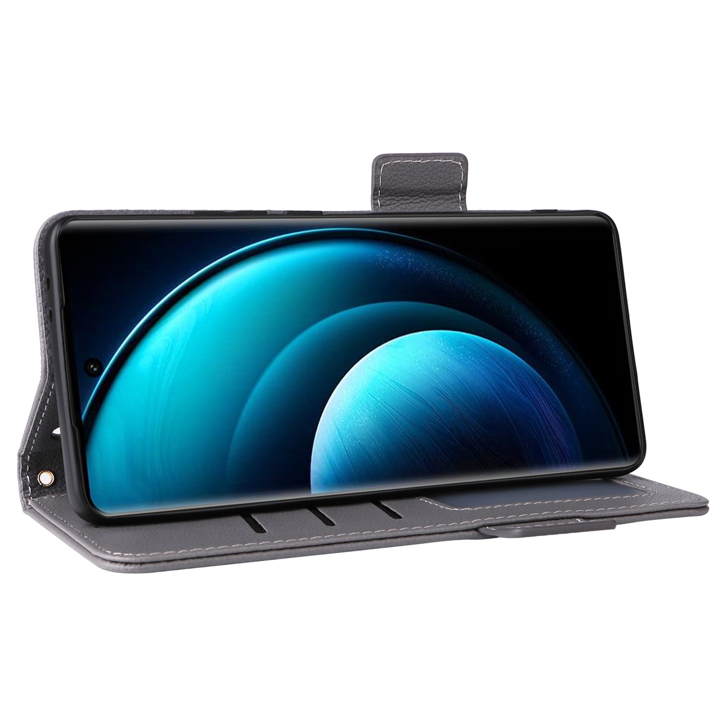 For vivo X100 Pro 5G Case Card Slots Shockproof Phone Cover with Litchi Texture - Grey