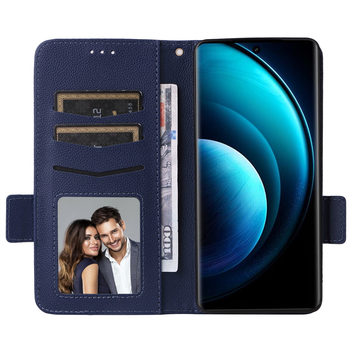 For vivo X100 Pro 5G Case Card Slots Shockproof Phone Cover with Litchi Texture - Dark Blue