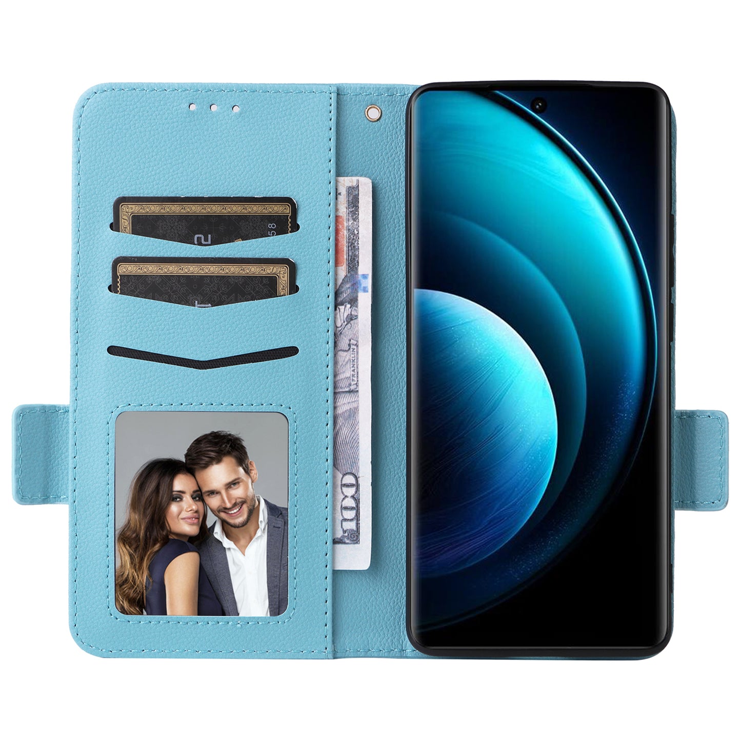 For vivo X100 Pro 5G Case Card Slots Shockproof Phone Cover with Litchi Texture - Baby Blue