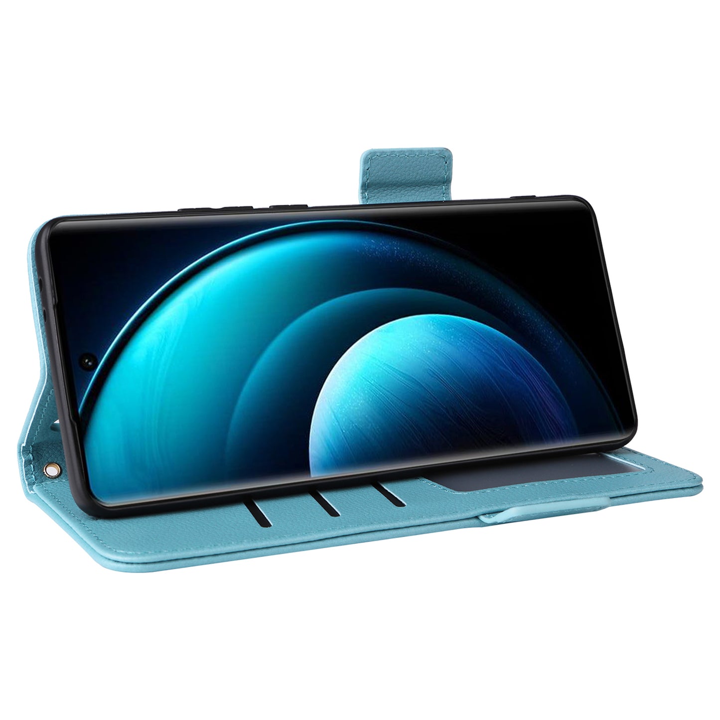 For vivo X100 Pro 5G Case Card Slots Shockproof Phone Cover with Litchi Texture - Baby Blue