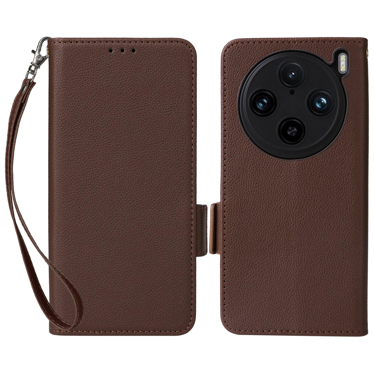 For vivo X100 Pro 5G Case Card Slots Shockproof Phone Cover with Litchi Texture - Brown