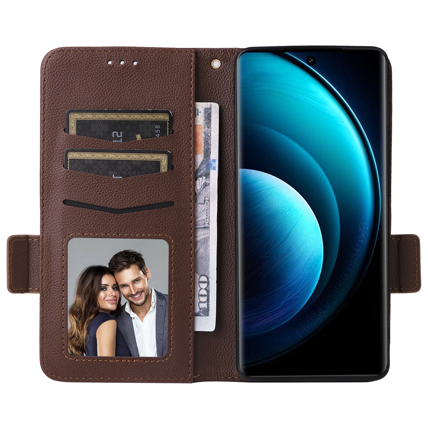 For vivo X100 Pro 5G Case Card Slots Shockproof Phone Cover with Litchi Texture - Brown