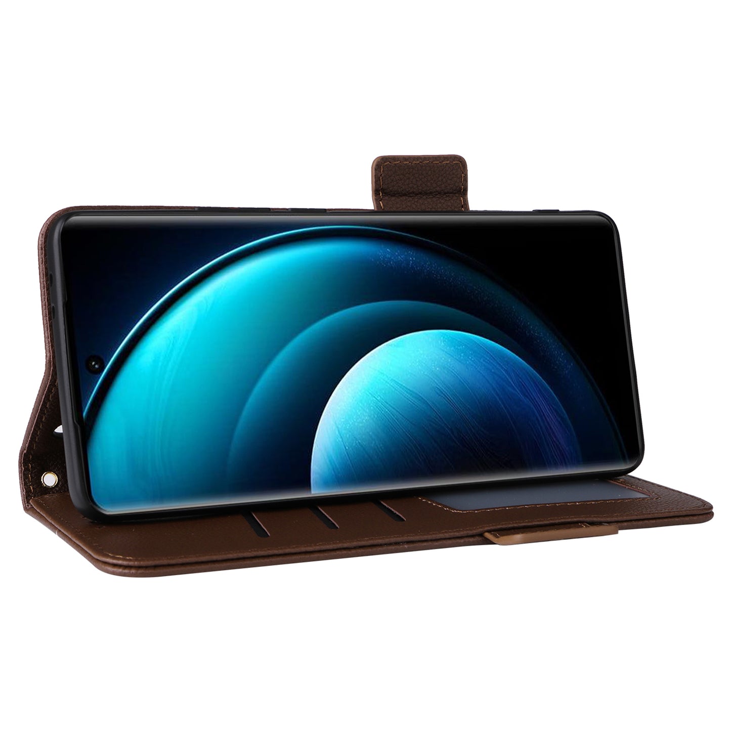 For vivo X100 Pro 5G Case Card Slots Shockproof Phone Cover with Litchi Texture - Brown