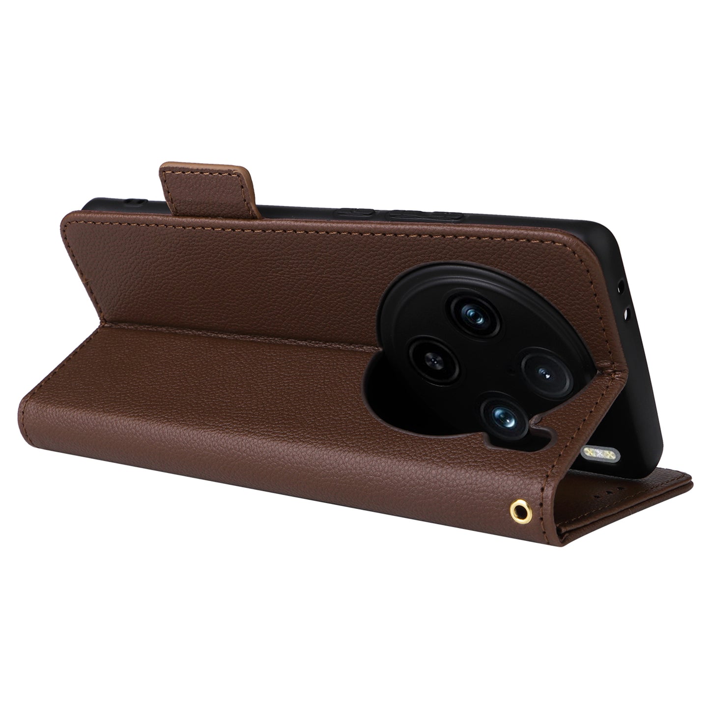 For vivo X100 Pro 5G Case Card Slots Shockproof Phone Cover with Litchi Texture - Brown