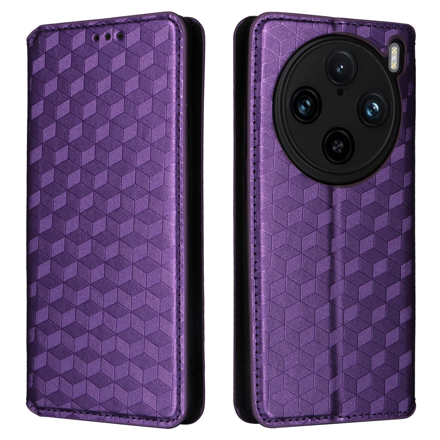 For vivo X100 Pro 5G Case Magnetic Closure Wallet Phone Protector Rhombus Pattern - Purple