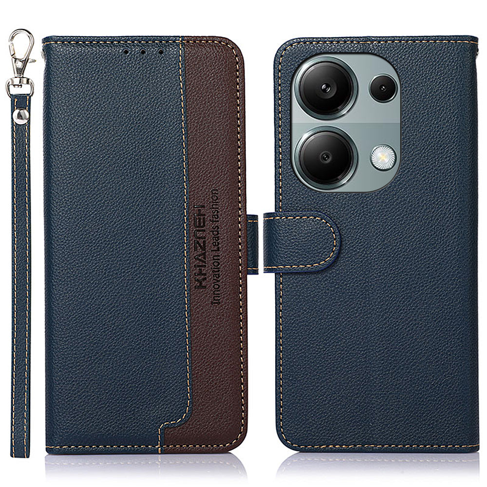 KHAZNEH For Xiaomi Redmi Note 13 Pro 4G / Poco M6 Pro 4G Case RFID Blocking Stand Cover with Litchi Texture - Blue