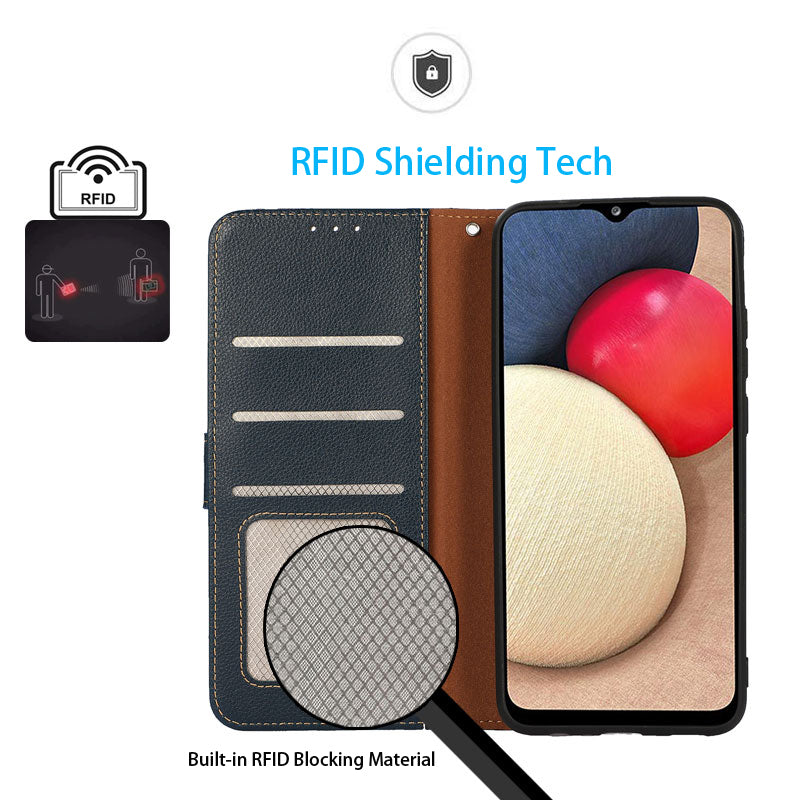 KHAZNEH For Xiaomi Redmi Note 13 Pro 4G / Poco M6 Pro 4G Case RFID Blocking Stand Cover with Litchi Texture - Blue