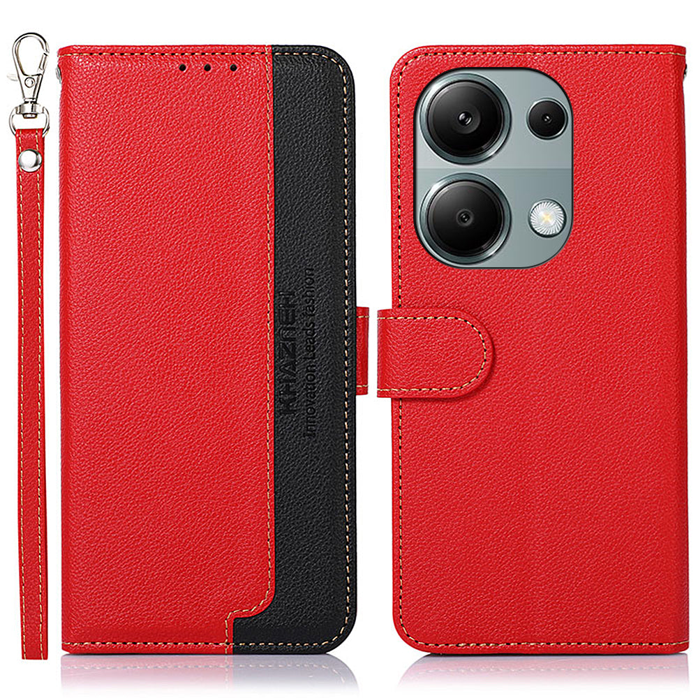 KHAZNEH For Xiaomi Redmi Note 13 Pro 4G / Poco M6 Pro 4G Case RFID Blocking Stand Cover with Litchi Texture - Red