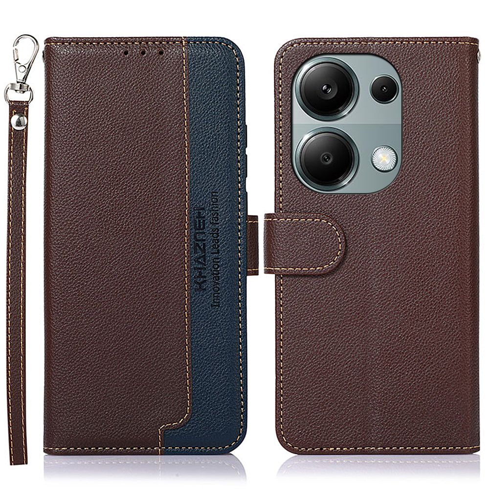 KHAZNEH For Xiaomi Redmi Note 13 Pro 4G / Poco M6 Pro 4G Case RFID Blocking Stand Cover with Litchi Texture - Brown