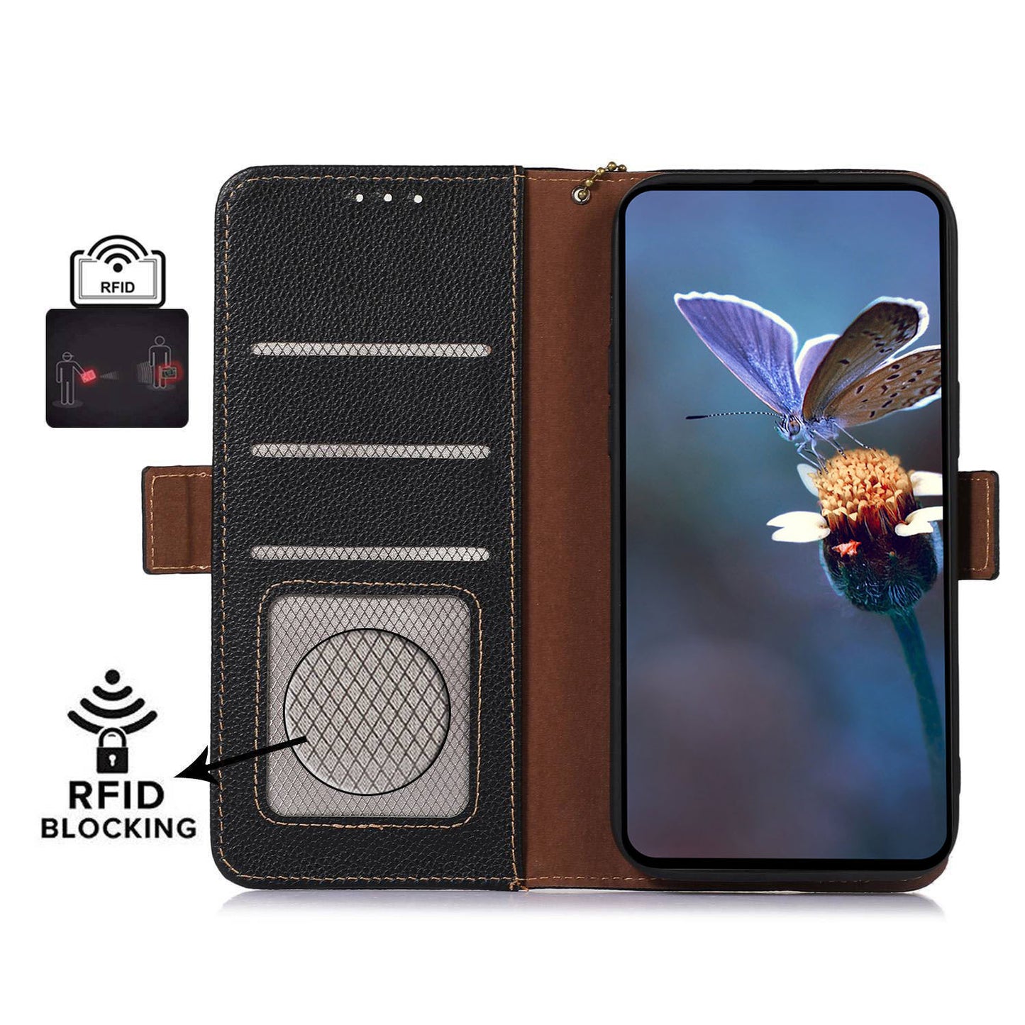 For Xiaomi Redmi Note 13 4G Wallet Case Genuine Cow Leather Phone Cover RFID Blocking - Black