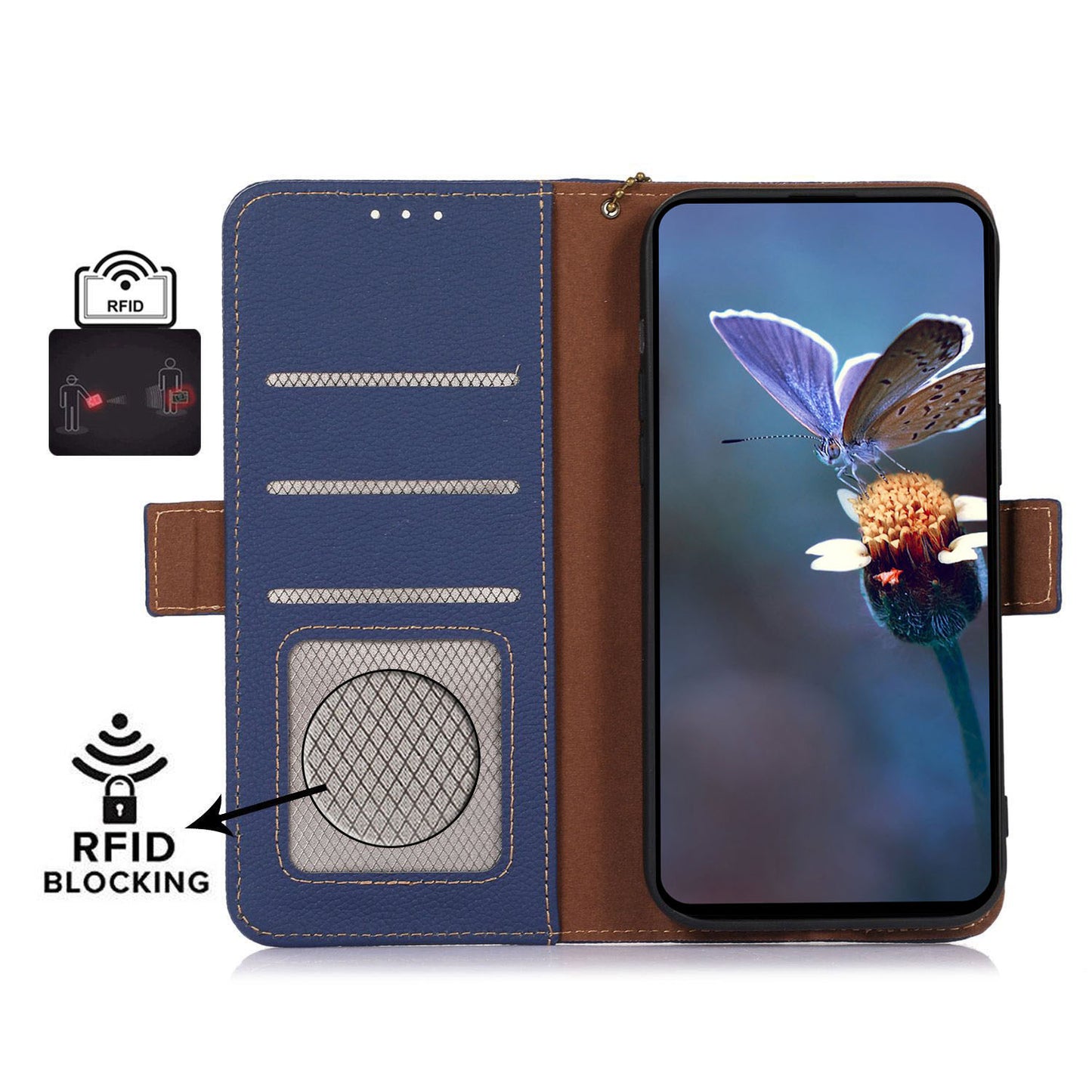 For Xiaomi Redmi Note 13 4G Wallet Case Genuine Cow Leather Phone Cover RFID Blocking - Sapphire