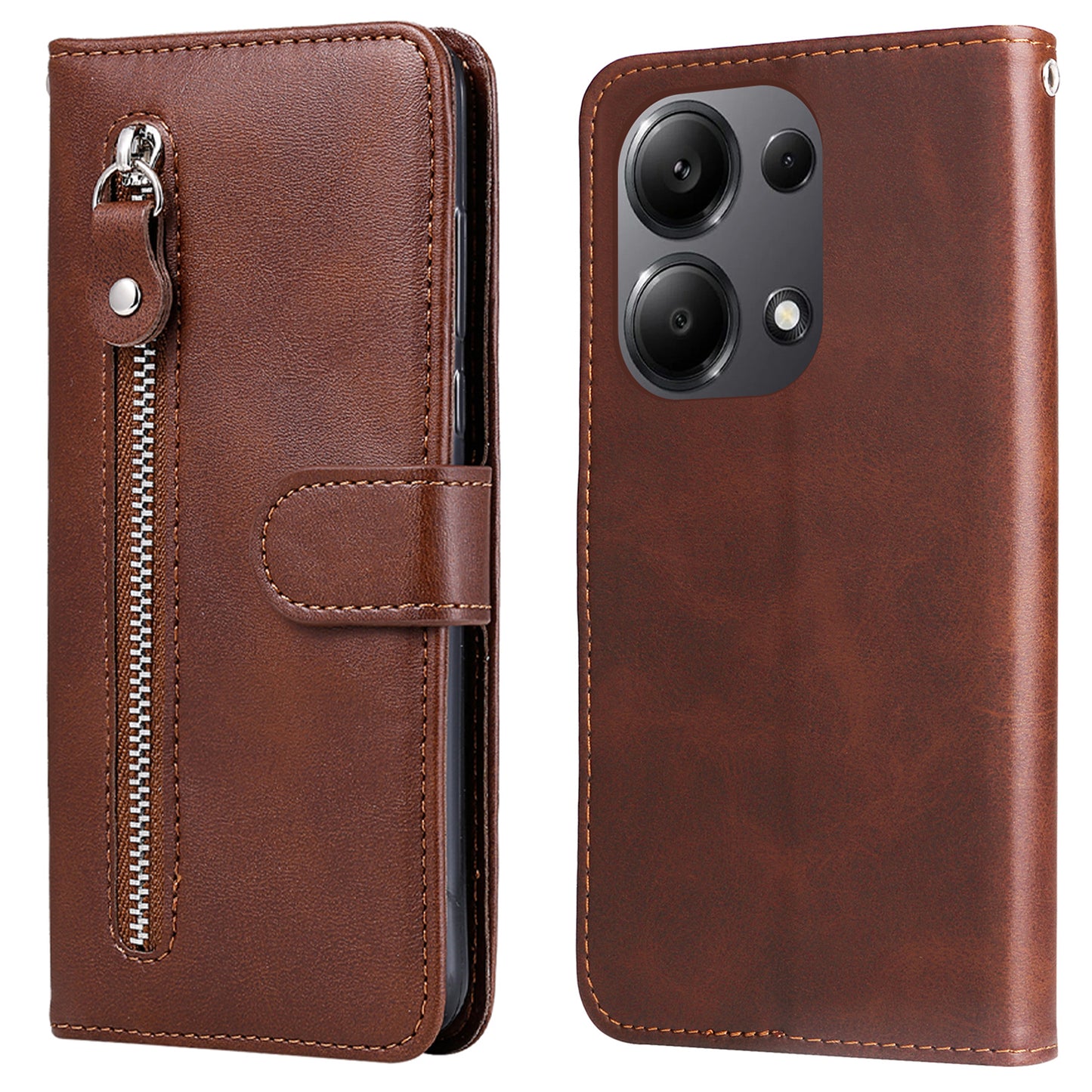 For Xiaomi Redmi Note 13 Pro 4G / Poco M6 Pro 4G Case Leather Anti-drop Cover with Zipper Pocket - Brown