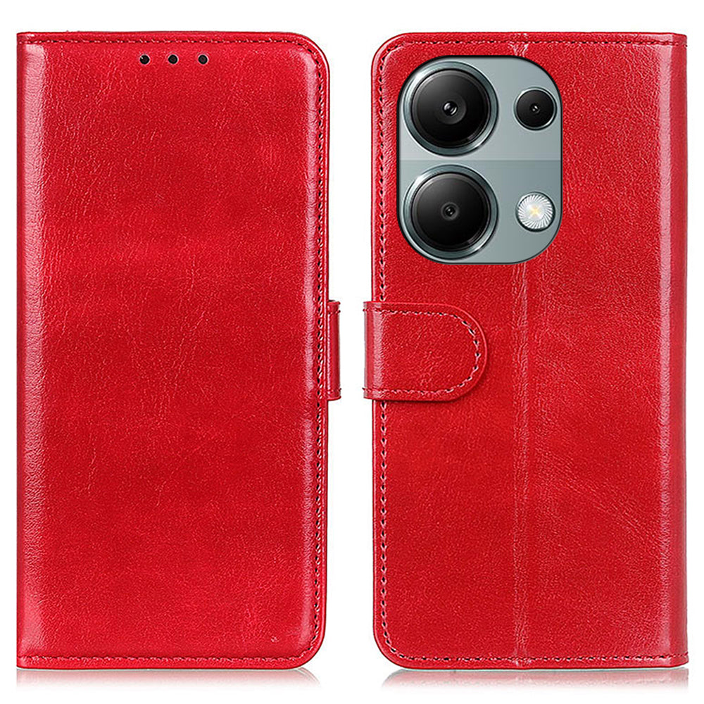 For Xiaomi Redmi Note 13 4G Leather Flip Case Wallet Crazy Horse Texture Phone Cover - Red